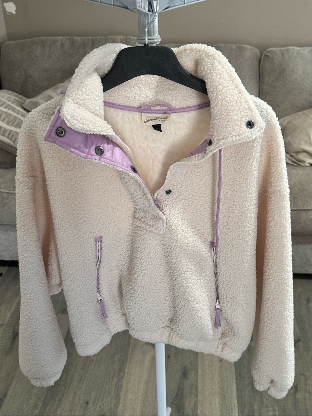 Universal Thread Cream Teddy Sherpa Pullover with Lavender Trim